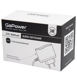  Блок питания GoPower 3.0A 12V 5,5x2,5/12мм импульсный (1/90) 