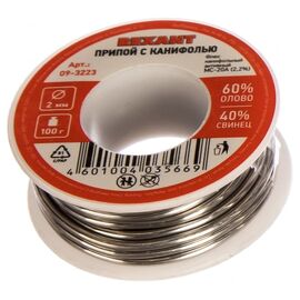  Припой с канифолью REXANT (09-3223) , 100 г, 2.0 мм, олово 60проц., свинец 40проц., катушка, блистер 