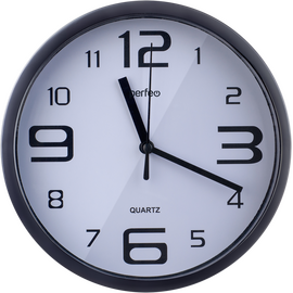  Настенные часы Perfeo "PF-WC-003"(С1), круглые д. 30 см, чёрный корпус / белый циферблат 