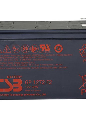 Батарея CSB серия GP, GP1272 F2 (12V28W) , напряжение 12В, емкость 7Ач (разряд 20 часов), емкость 28 Вт/Эл при 15-мин. разряде до U кон. - 1.67 В/Эл