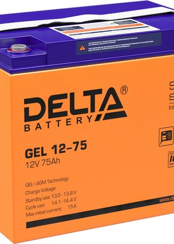 Батарея для ИБП Delta GEL 12-75 12В/75Ач, клемма Болт М6 (260х168х219мм (219мм); 23кг; Срок службы 10-12лет; Гара