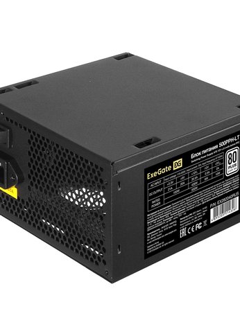 Блок питания 500W ATX Exegate 500PPH-LT, 80+,RTL ATX, black, APFC, 12cm, 24p, (4+4)p, 5*SATA, 3*IDE (EX282040RUS)