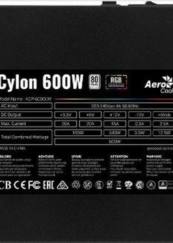 Блок питания 600W ATX Aerocool CYLON 600 80+ (24+4+4pin) APFC 120mm fan color 5xSATA RTL