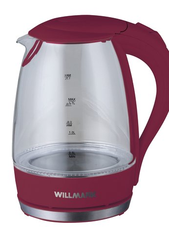 Чайник электрический Willmark WEK-1708G (1.7л, пов. на 360 град., LED-подсв., корп. из стекла, 2200Вт) Бордовы