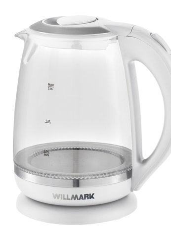 Чайник электрический Willmark WEK-2005G (2.0л, пов. на 360 град., LED-подсв., корп. из стекла, 2200Вт) белый