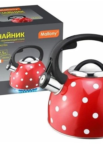 Чайник Mallony Maestria из нерж стали со свистком (красный в белый горошек) 2,5л