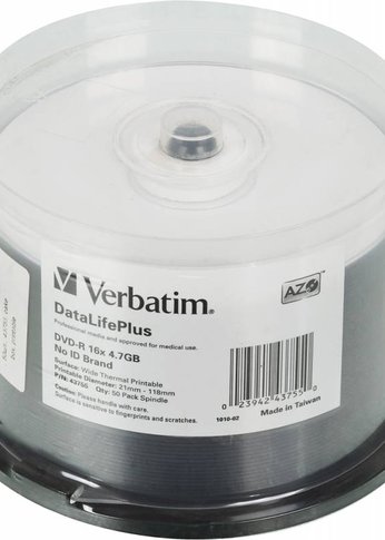 Диск DVD-R Verbatim 4.7Gb 16x Cake Box (50шт) Printable (43755)