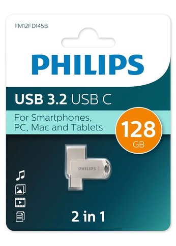 Флеш диск 128Gb Philips 2-in-1 USB 3.2 USB C OTG USB 3.2/Type-C Металл 100 MB/s