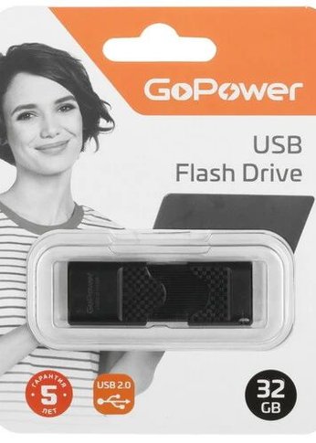 Флеш-накопитель GoPower SLIDER 32GB USB2.0 пластик черный матовый (1/50/1000)