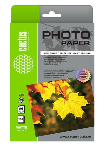 Фотобумага Cactus CS-MA6230100 10x15/230г/м2/100л./белый матовое для струйной печати