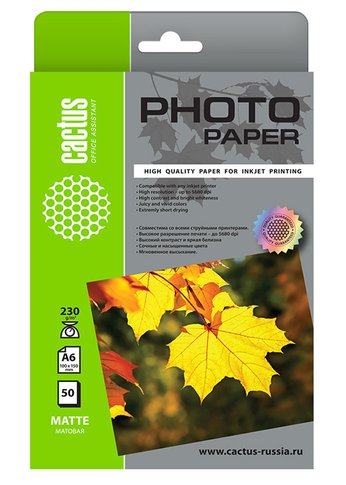 Фотобумага Cactus CS-MA623050 10x15/230г/м2/50л./белый матовое для струйной печати