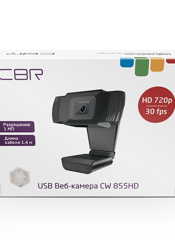 Камера Web Cbr CW 855HD Black, с матрицей 1 МП, разрешение видео 1280х720, USB 2.0, встроенный микрофон с шумоподавлением, фикс.фокус, крепление на м