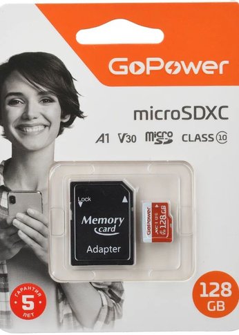 Карта памяти GoPower microSD 128GB Class10 UHS-I (U3) 100 МБ/сек V30 с адаптером