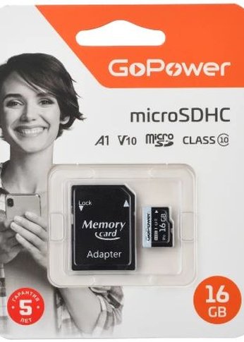 Карта памяти GoPower microSD 16GB Class10 60 МБ/сек V10 с адаптером