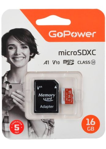 Карта памяти GoPower microSD 16GB Class10 UHS-I (U3) 80 МБ/сек V10 с адаптером