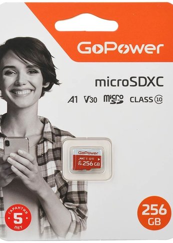 Карта памяти GoPower microSD 256GB Class10 UHS-I (U3) 100 МБ/сек V30 без адаптера