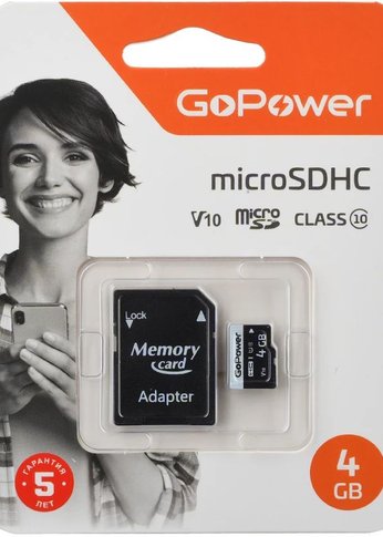 Карта памяти GoPower microSD 4GB Class10 15 МБ/сек V10 с адаптером