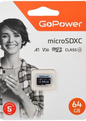 Карта памяти GoPower microSD 64GB Class10 70 МБ/сек V30 без адаптера