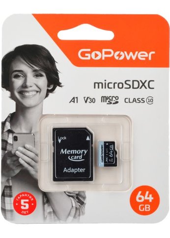 Карта памяти GoPower microSD 64GB Class10 70 МБ/сек V30 с адаптером