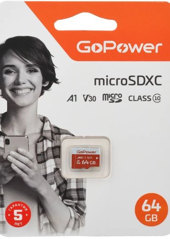 Карта памяти GoPower microSD 64GB Class10 UHS-I (U3) 100 МБ/сек V30 без адаптера