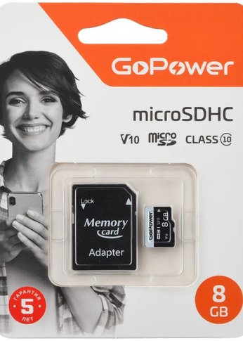 Карта памяти GoPower microSD 8GB Class10 15 МБ/сек V10 с адаптером