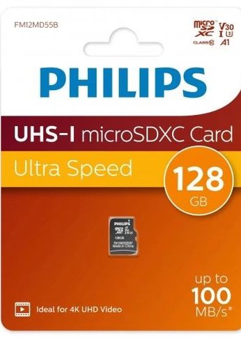 Карта памяти microSD 128GB PHILIPS High Speed  microSDHC Class UHS-I U3, V30, A1, 100MB/s