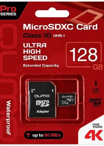 Карта памяти microSD 128Gb Qumo QM128GMICSDXC10U3 MicroSDXC Class 10 UHS-I, SD adapter