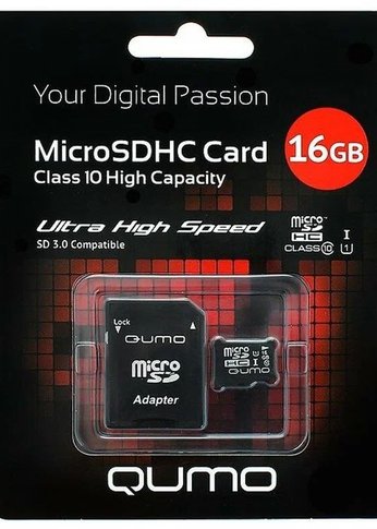 Карта памяти microSD 16Gb Qumo QM16GMICSDHC10U1 MicroSDHC Class 10 UHS-I, SD adapter