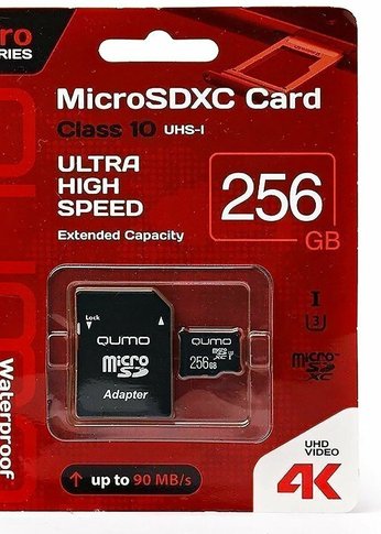 Карта памяти microSD 256Gb Qumo QM256GMICSDXC10U3 MicroSDXC Class 10 UHS-I, SD adapter