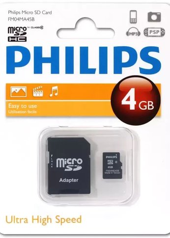 Карта памяти microSD 4GB PHILIPS microSDHC Class 10 (SD адаптер)