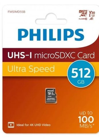 Карта памяти microSD 512GB PHILIPS High Speed  microSDHC Class UHS-I U3, V30, A1, 100MB/s