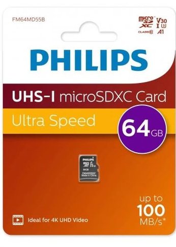 Карта памяти microSD 64GB PHILIPS High Speed  microSDHC Class UHS-I U3, V30, A1, 100MB/s