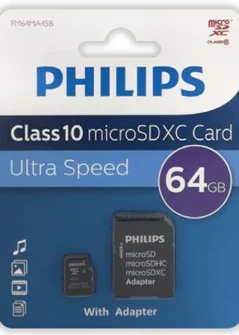 Карта памяти microSD 64GB PHILIPS microSDHC Class 10 (SD адаптер)