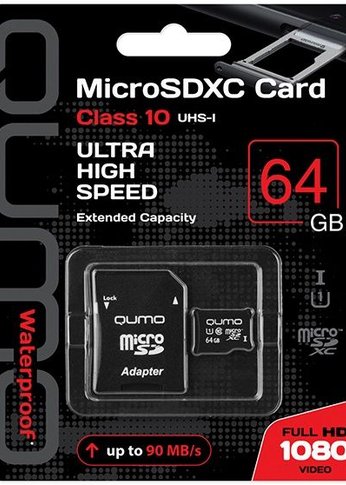 Карта памяти microSD 64Gb Qumo QM64GMICSDXC10U1 MicroSDXC Class 10 UHS-I, SD adapter