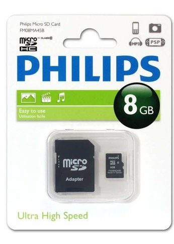 Карта памяти microSD 8Gb Philips microSDHC Class 10 (SD адаптер)