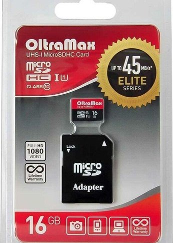 Карта памяти microSDHC 16GB Oltramax OM016GCSDHC10UHS-1-ElU1 Class 10 UHS-1 Elite + адаптером SD 45 MB/s