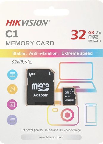 Карта памяти microSDHC 32Gb Class10 Hikvision HS-TF-C1(STD)/32G/Adapter + adapter