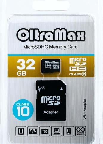 Карта памяти microSDHC 32GB Oltramax OM032GCSDHC10-AD Class10 + адаптер SD