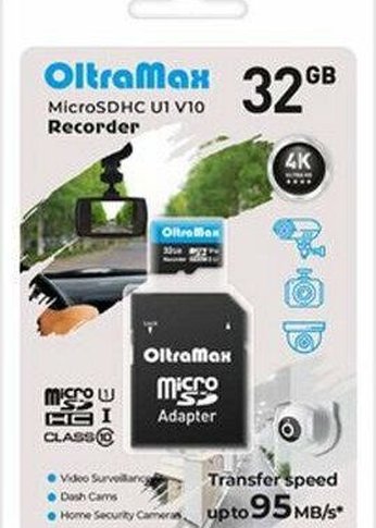 Карта памяти microSDHC 32GB Oltramax OM32GCSDHC10-U1-V10 Class 10 (U1) V10 Recorder + адаптер ( SD 95 MB/s)