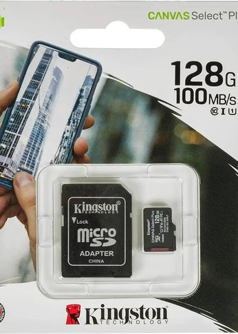 Карта памяти microSDXC 128Gb Class10 Kingston SDCS2/128Gb Canvas Select Plus + adapter