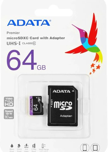 Карта памяти microSDXC 64Gb Class10 A-Data AUSDX64GUICL10-RA1 + adapter