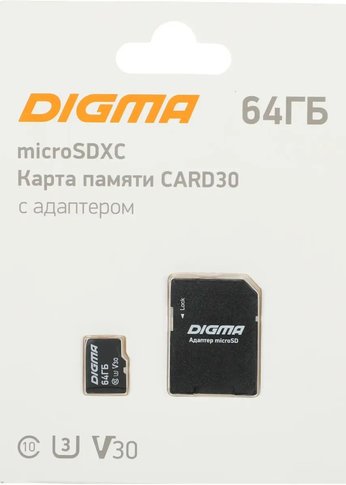 Карта памяти microSDXC 64Gb Class10 Digma CARD30 + adapter