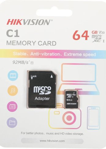 Карта памяти microSDXC 64Gb Class10 Hikvision HS-TF-C1(STD)/64G/Adapter + adapter