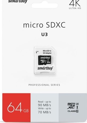 Карта памяти microSDXC 64GB Smartbuy SB64GBSDCL10U3-01 Class10 PRO U3 95/60 MB/S + адаптер