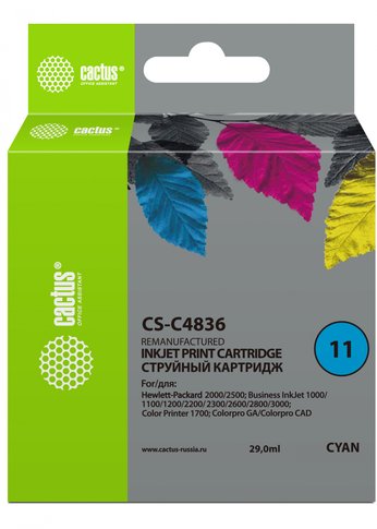 Картридж струйный Cactus CS-C4836 №11 голубой (29мл) для HP BIJ 1000/1100/1200/2200/2300/2600/2800