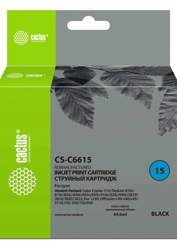 Картридж струйный Cactus CS-C6615 №15 черный (44мл) для HP CC 310/DJ 810c/816c/825c/840c/843c/845c/916c/920c/940c/3810/3816/3820/3822/Fax 1230/DJ v30