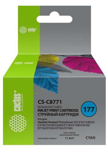 Картридж струйный Cactus CS-C8771 №177 голубой (11.4мл) для HP PS 3213/3313/8253/C5183/C6183/C6283/C7183/C7283/C8183/D7163/D7263/D7363/D7463