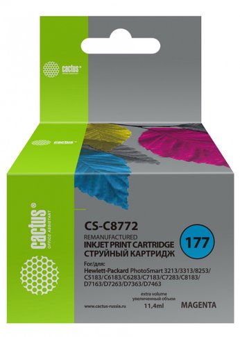 Картридж струйный Cactus CS-C8772 №177 пурпурный (11.4мл) для HP PS 3213/3313/8253/C5183/C6183/C6283/C7183/C7283/C8183/D7163/D7263/D7363/D7463