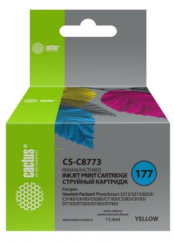 Картридж струйный Cactus CS-C8773 №177 желтый (11.4мл) для HP PS 3213/3313/8253/C5183/C6183/C6283/C7183/C7283/C8183/D7163/D7263/D7363/D7463