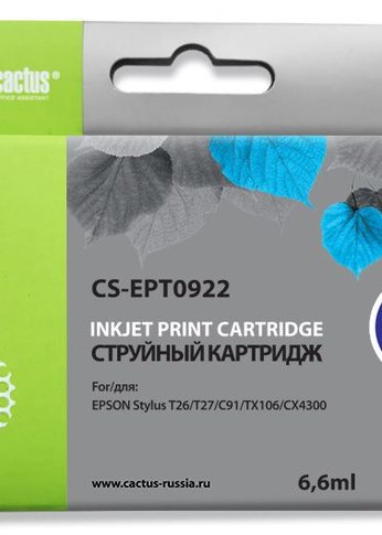 Картридж струйный Cactus CS-EPT0922 T0922 голубой (6.6мл) для Epson Stylus C91/CX4300/T26/T27/TX106/TX109/TX117/TX119